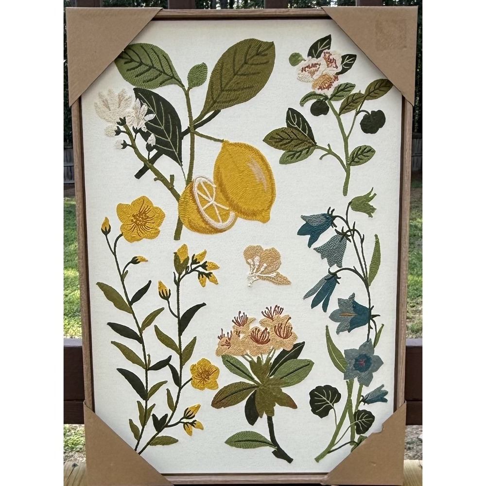 BP Home Woven Artistry Wall Art Decor Embroidered Flowers Lemons  18x26 NWT